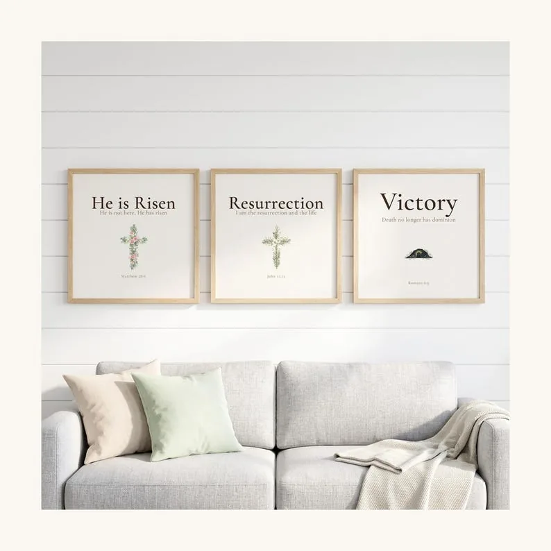 Easter He is Risen Scripture Art Set, Floral Cross Bible Verse Prints, Christian Easter Wall Art Gift