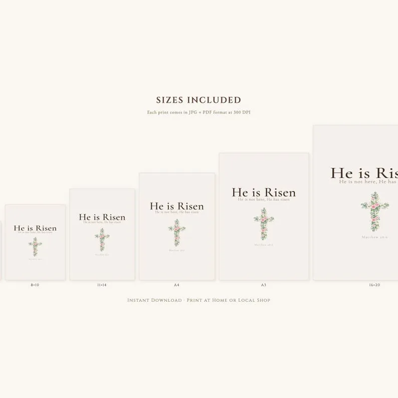 View 2 of He Is Risen Easter Scripture Wall Art, Matthew 28:6 Floral Cross Print