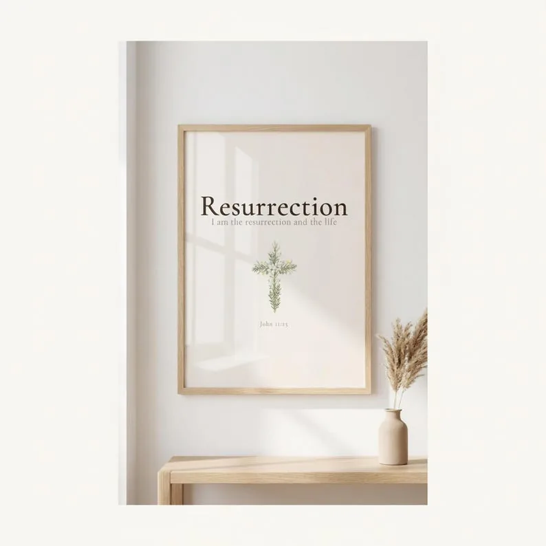 View 3 of He Is Risen Easter Scripture Wall Art, Matthew 28:6 Floral Cross Print