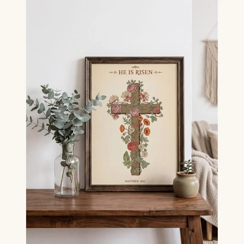 View 2 of He Is Risen Floral Cross Scripture Wall Art