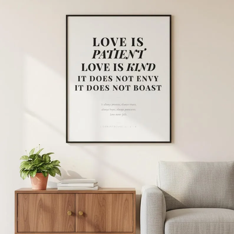 1 Corinthians 13 Scripture Print, Love Is Patient Love Is Kind, Bold Modern Christian Wedding Wall Art