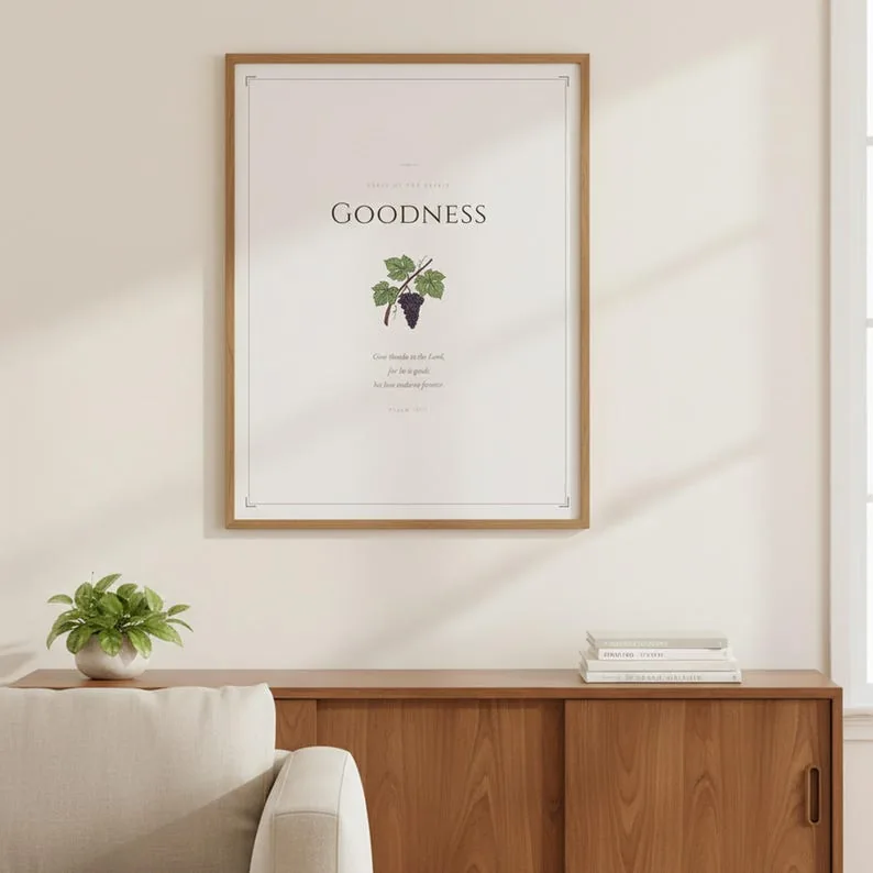 Goodness Fruit of the Spirit Wall Art Psalm 107 Bible Verse Print Vintage Scripture Christian Kitchen Decor