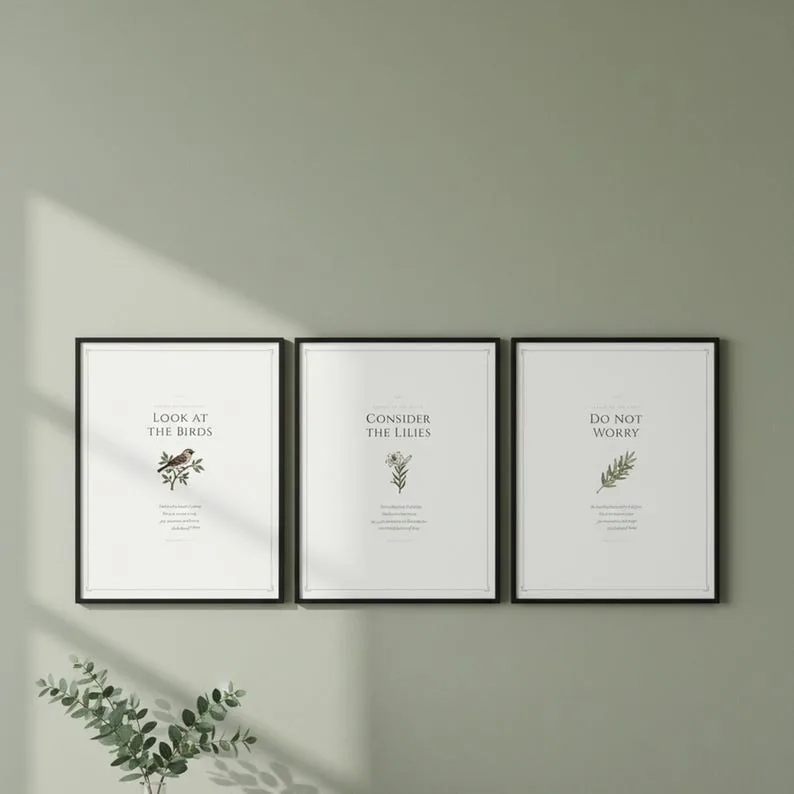 Look at the Birds Matthew 6:26 Wall Art Set of 3 Consider the Lilies Scripture Print Christian Sage Green Decor Download