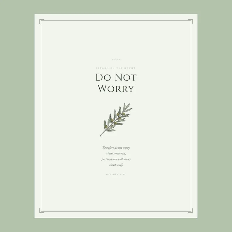 View 4 of Do Not Worry About Tomorrow, Matthew 6:34 Sage Green Scripture Wall Art