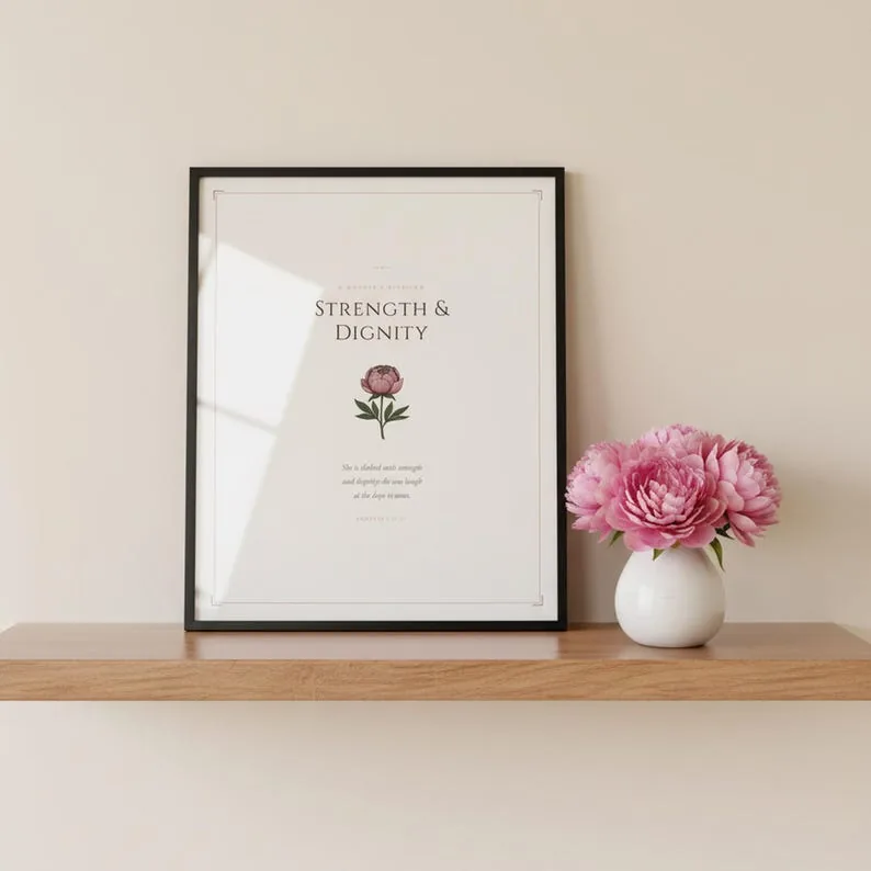 Proverbs 31:25 Mothers Day Print She Is Clothed Strength Dignity Christian Wall Art Scripture Gift for Mom