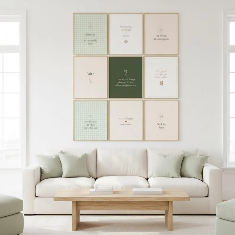 View 3 of Sage Coquette Christian Dorm Room Wall Art Bundle, Bible Verse Set of 9 Scripture Prints