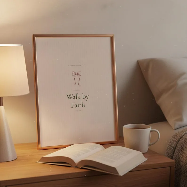 Baby Shower Gift Rustic Decor, Walk by Faith 2 Corinthians 5:7, Sage Coquette Scripture Wall Art Print
