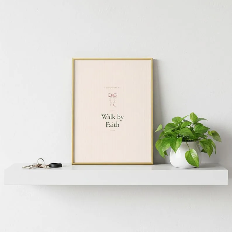 View 3 of Walk by Faith Scripture Wall Art, 2 Corinthians 5:7 Sage Coquette Print