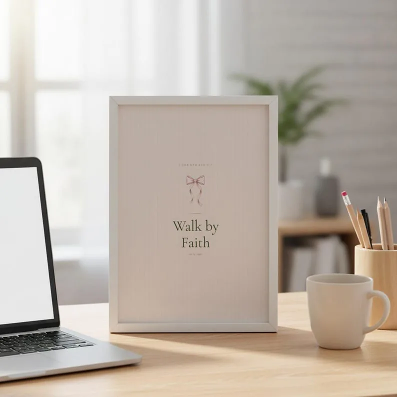 View 4 of Walk by Faith Scripture Wall Art, 2 Corinthians 5:7 Sage Coquette Print