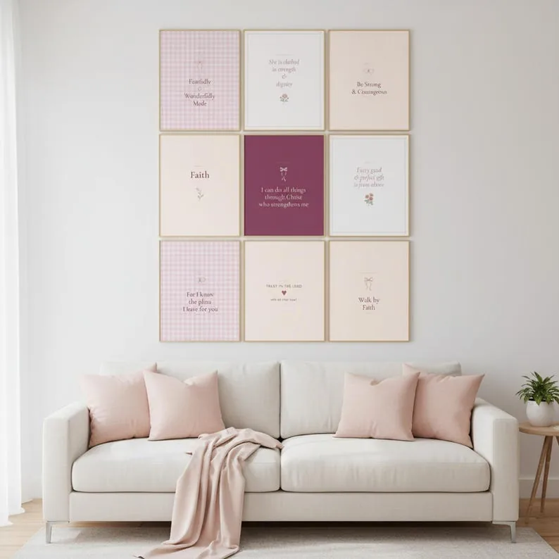 Pink Coquette Christian Wall Art Set of 9 Bible Verse Scripture Print Blush Floral Gallery Trendy Dorm Decor