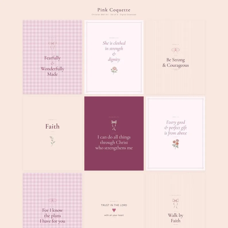 View 2 of Pink Coquette Christian Scripture Wall Art Set of 9