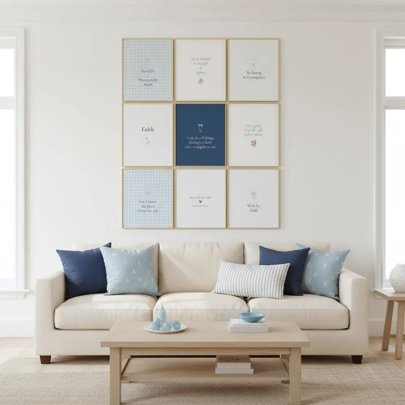 Blue Coquette Christian Wall Art Set of 9 Bible Verse Scripture Print Navy Floral Gallery Trendy Dorm Decor