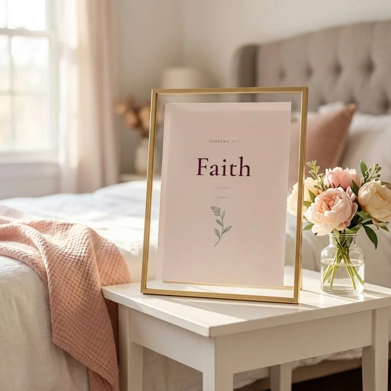 Faith Hebrews 11:1 Wall Art Pink Blush Coquette Christian Print Scripture, Bible Verse Home Decor Gift
