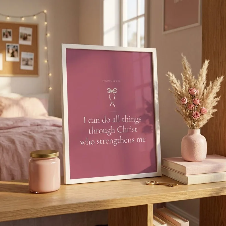 I Can Do All Things Through Christ Philippians 4:13 Wall Art Pink Blush Coquette Christian Print Scripture Decor