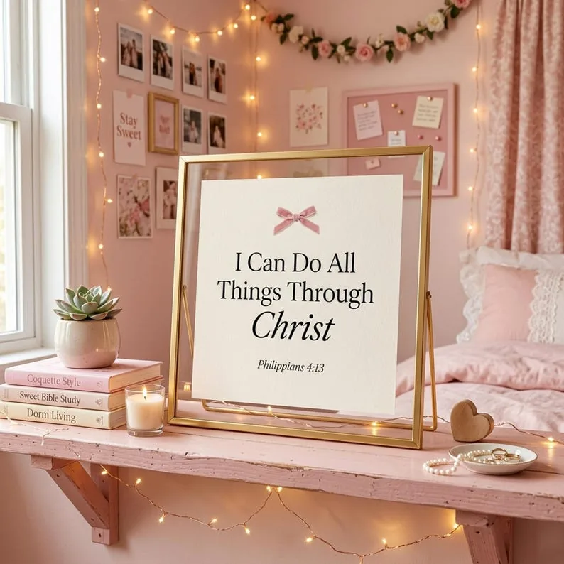 View 2 of Philippians 4:13 Scripture Wall Art, Pink Blush Coquette Christian Print