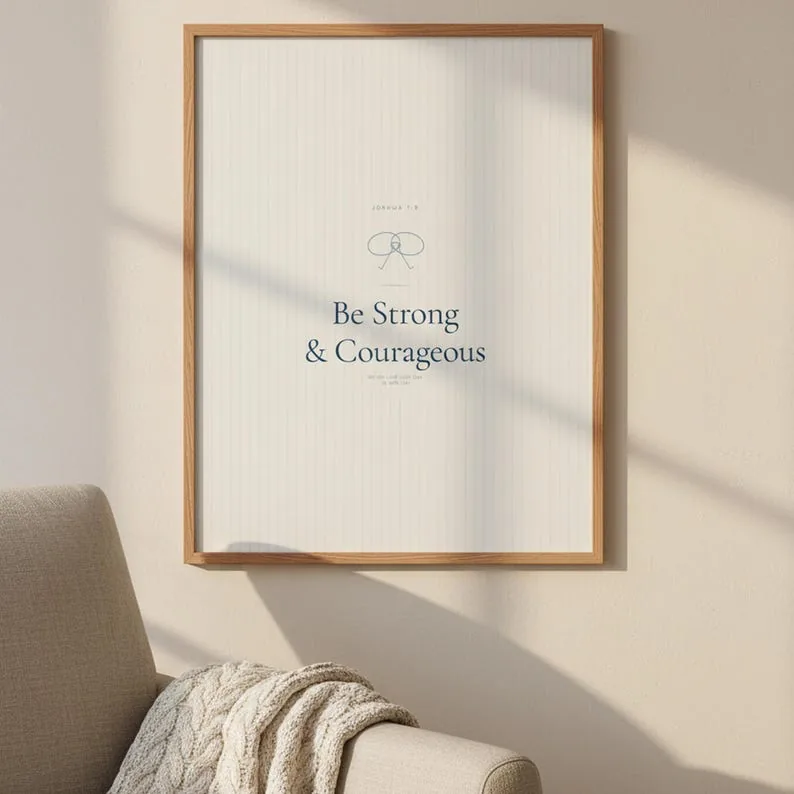 Be Strong and Courageous Joshua 1:9 Wall Art Blue Navy Coquette Christian Print Scripture Decor Digital Download