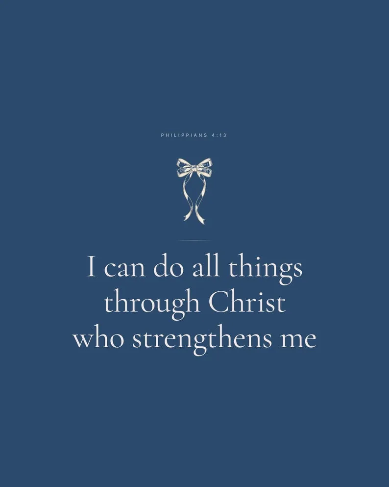 View 2 of Philippians 4:13 Scripture Wall Art, Navy Blue Coquette Christian Print