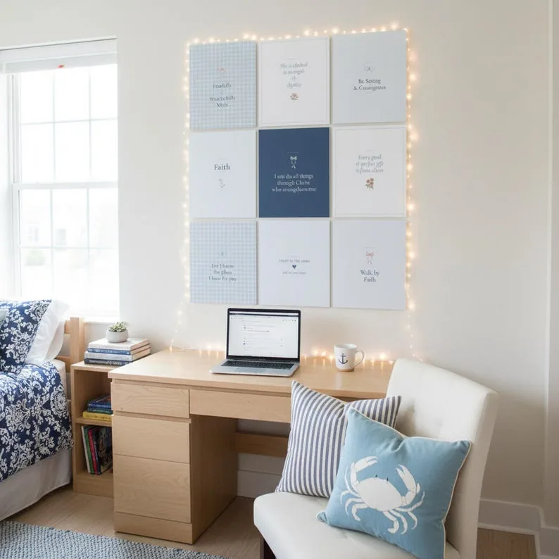 View 4 of Philippians 4:13 Scripture Wall Art, Navy Blue Coquette Christian Print