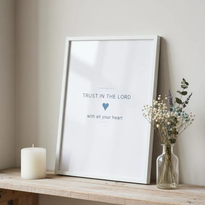 Trust in the Lord With All Your Heart Proverbs 3:5 Wall Art Blue Navy Coquette Christian Print Scripture Decor Digital Download