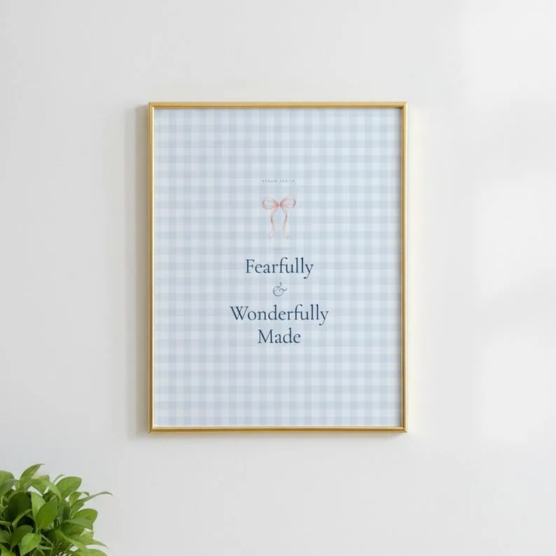 Fearfully and Wonderfully Made Psalm 139:14 Wall Art Blue Navy Coquette Christian Print Scripture Decor Digital Download