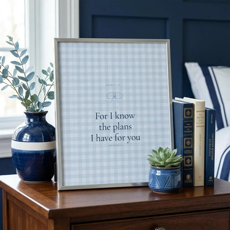 For I Know the Plans I Have for You Jeremiah 29:11 Wall Art Blue Navy Coquette Christian Print Scripture Decor