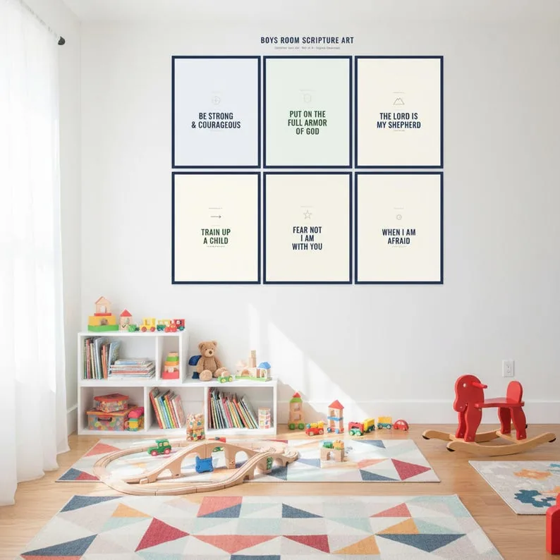 View 2 of Christian Boys Room Bible Verse Wall Art, Set of 6 Navy Adventure Scripture Prints