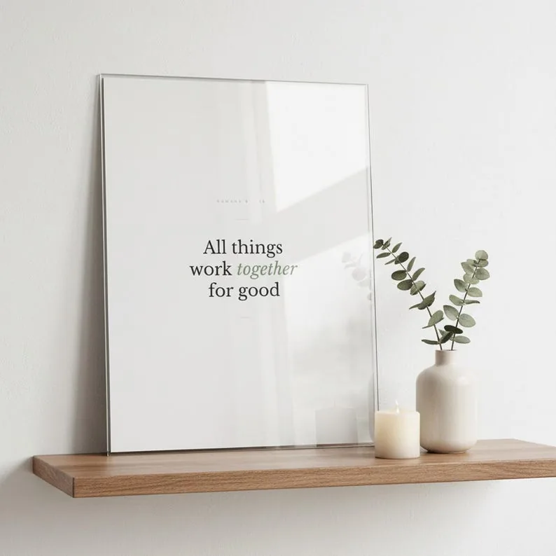 Romans 8:28 Print, All Things Work Together for Good, Christian Nursery Scripture Wall Art, Baptism Gift