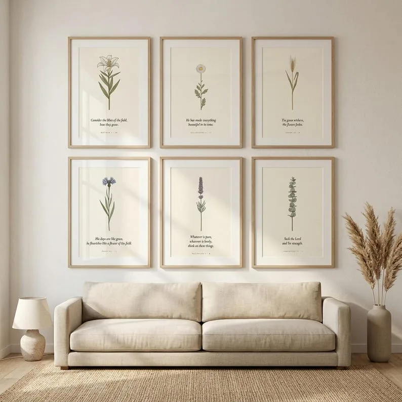 Wildflower Scripture print set framed on a wall