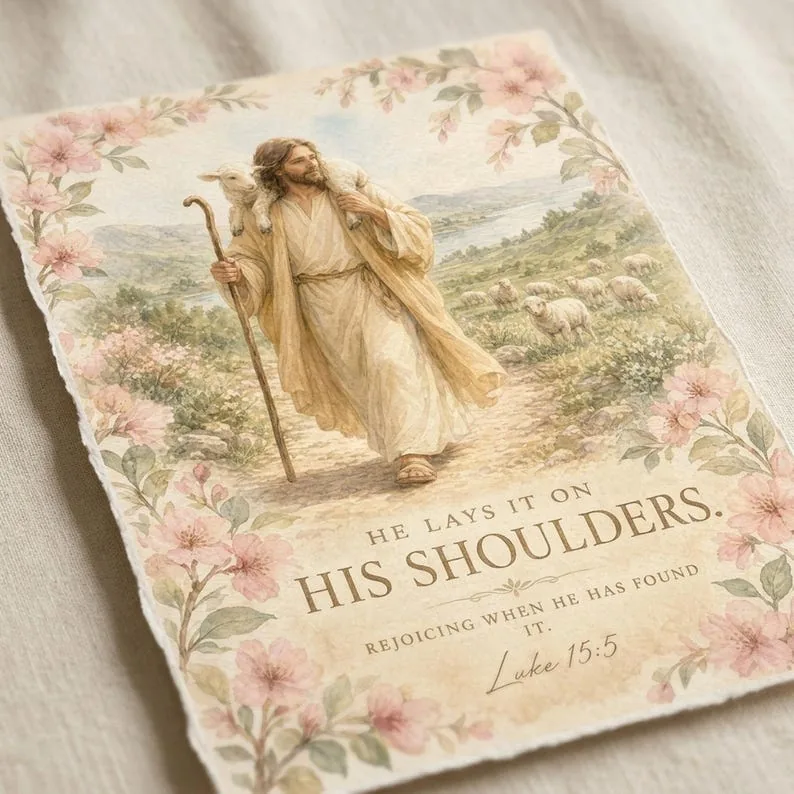 View 2 of He Lays It on His Shoulders: Luke 15:5 Good Shepherd Scripture Wall Art