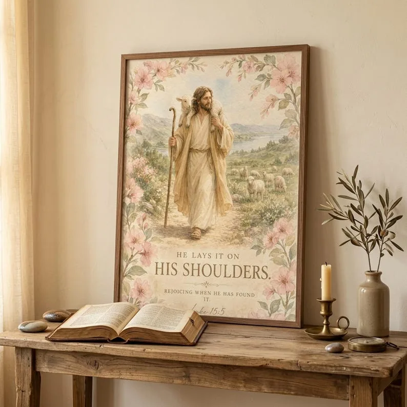 View 3 of He Lays It on His Shoulders: Luke 15:5 Good Shepherd Scripture Wall Art
