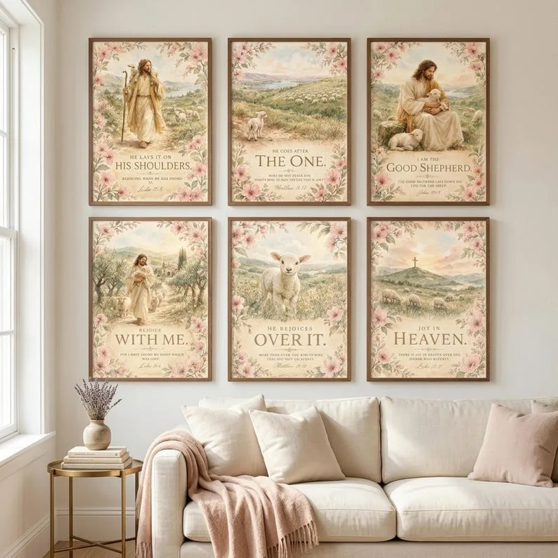 Good Shepherd Watercolor Set of 6, Jesus and Lost Sheep Bible Verse Prints, Christian Wall Art, Digital Download Scripture Art