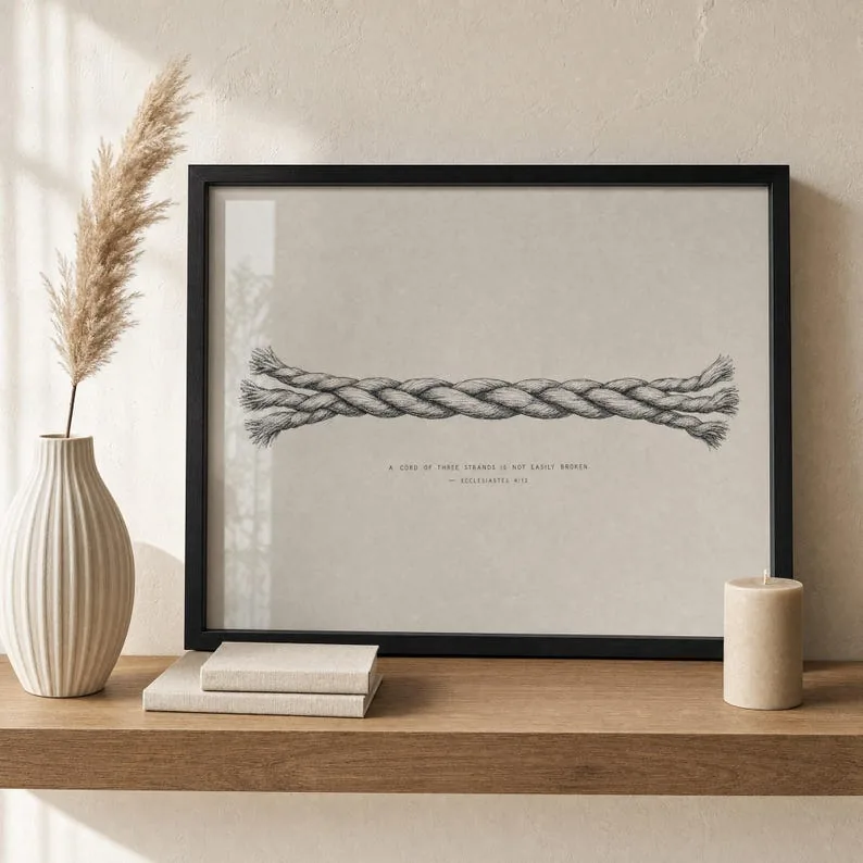 A Cord of Three Strands, Ecclesiastes 4:12 Christian Wedding Wall Art, Hand-Drawn Scripture Printable, Newlywed Unity Gift