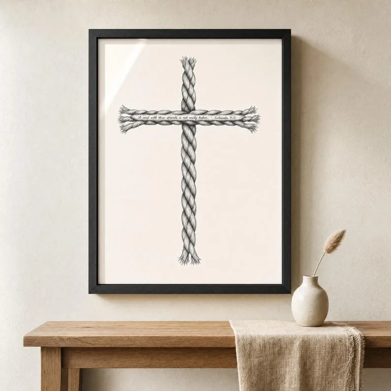 Cord of Three Strands Cross, Ecclesiastes 4:12, Christian Wedding Wall Art, Hand-Drawn Pencil Sketch, Faith Print Anniversary Gift