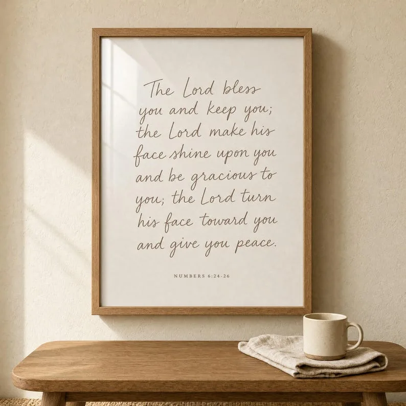 A framed Scripture print styled on a wall