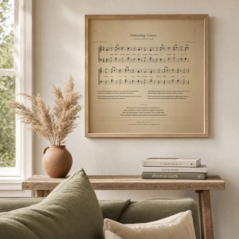 Amazing Grace Hymn Print, Vintage Sheet Music Wall Art, Antique Hymnal Page, Christian Faith Decor, Digital Download