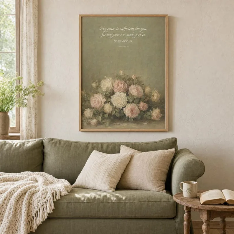 My Grace Is Sufficient 2 Corinthians 12:9 Print | Vintage Oil Painting Christian Wall Art | Antique Floral Scripture Wedding Gift