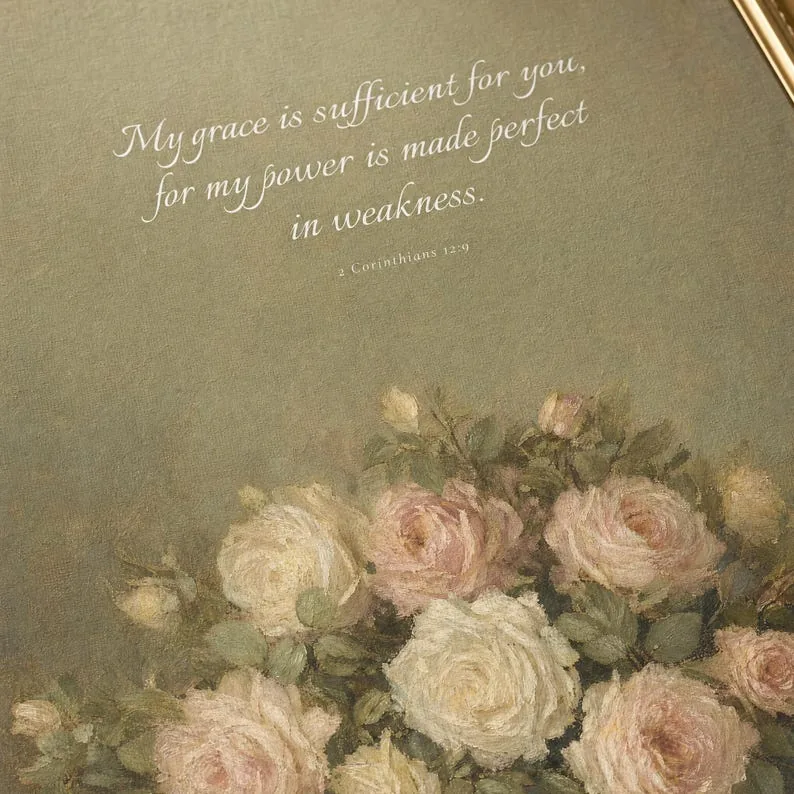 View 4 of My Grace Is Sufficient, 2 Corinthians 12:9, Vintage Oil Painting Scripture Wall Art