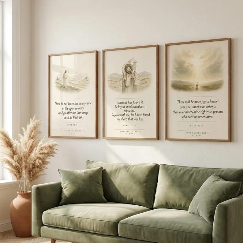 Jesus Leaves the 99 Print Set of 3 | Good Shepherd Parable of the Lost Sheep Luke 15 | Modern Minimalist Christian Scripture Art